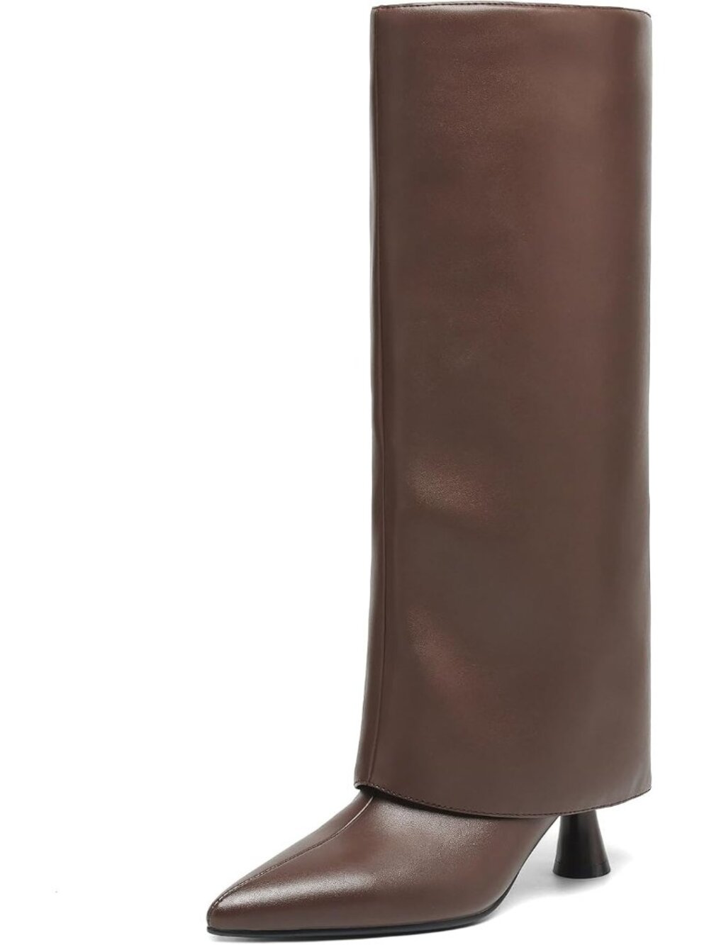 Women's Brown Leather Knee High Boots Fold Over Shark Boots Slouchy Pointed Toe
